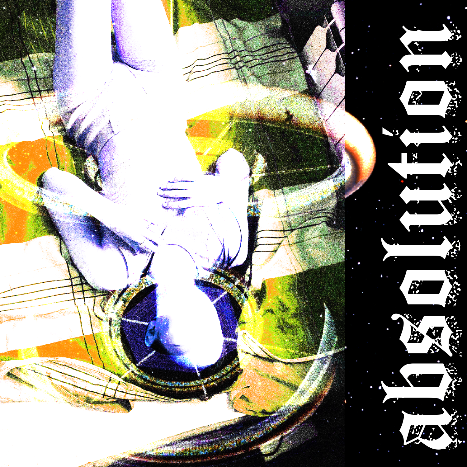 a digital collage. an overexposed photo of a woman lying on a bed is superimposed with a space station in a way that looks like sha has a halo. a vertical text on the right reads 'absolution' in a gothic font.