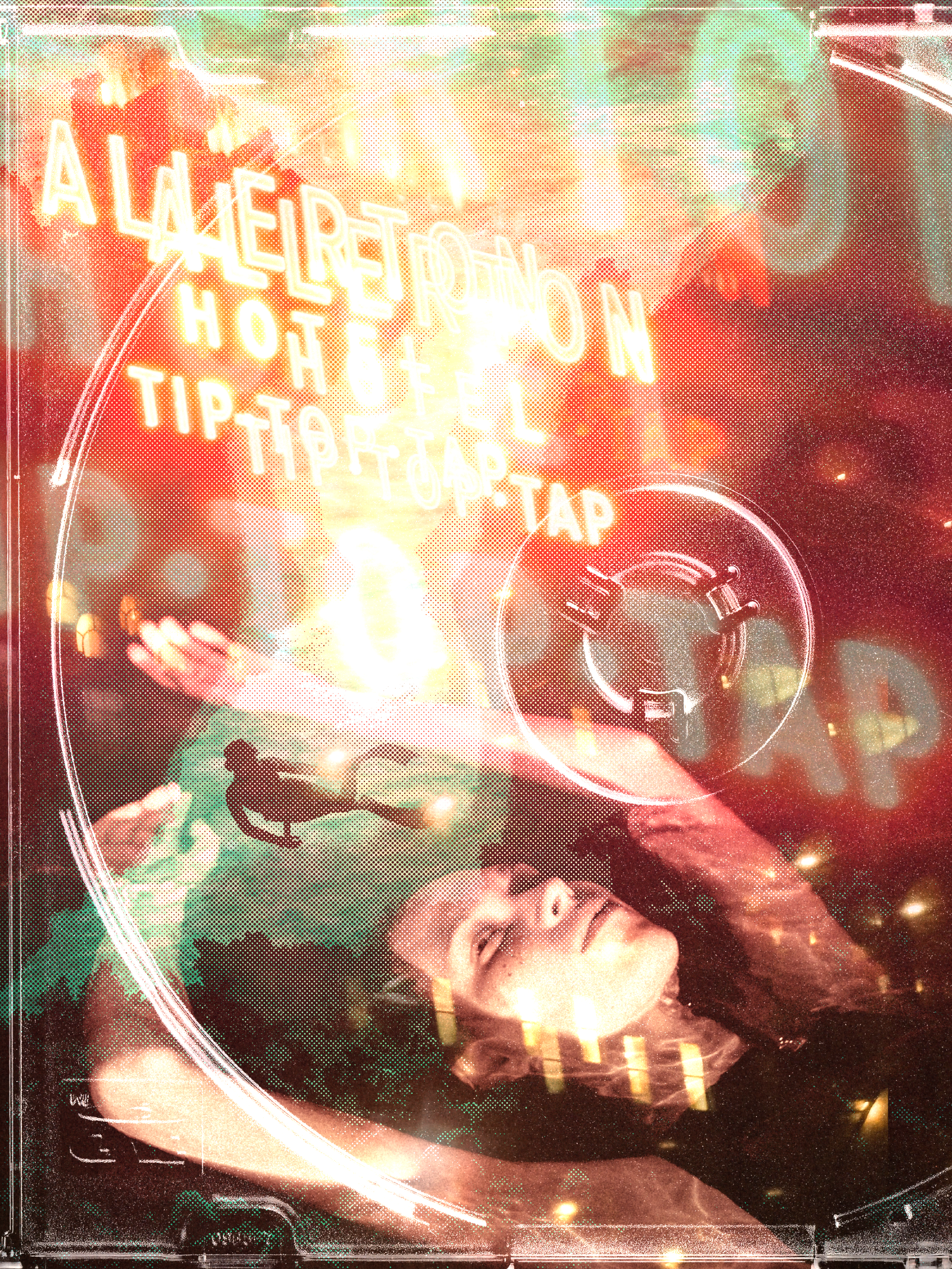 a digital collage with aquatic green, yellow and red tones. a photo of a person floating in water is superimposed with a photo of a diver and illegible glowing letters. everything is framed by the overlay of a CD case.