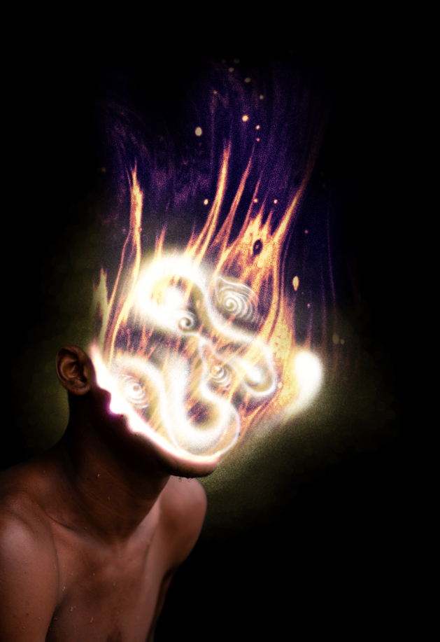 a digital collage showing a black person from the chest up. instead of a face there are abstract glowing shapes in white yellow and purple streaming out of their head, some of which resemble eyes. the background is black.